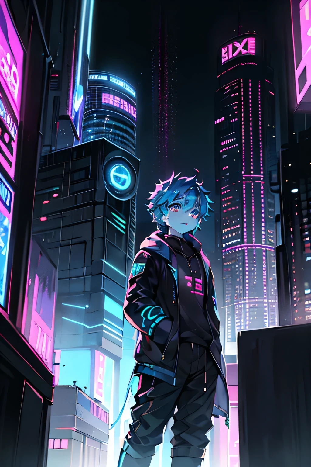 raposa marmore furry, tipo anime, olhos grandes, the hair is neon blue, preto e branco, roupas futuristas, cyberpunk，pupilas azuis corpo inteiro, raposa macho, young guy he is in a futuristic city, It&#39;s night, cidade movimentada, no meio da times square, olhando para cima, cabelos completamente azul, usando casaco futurista 

