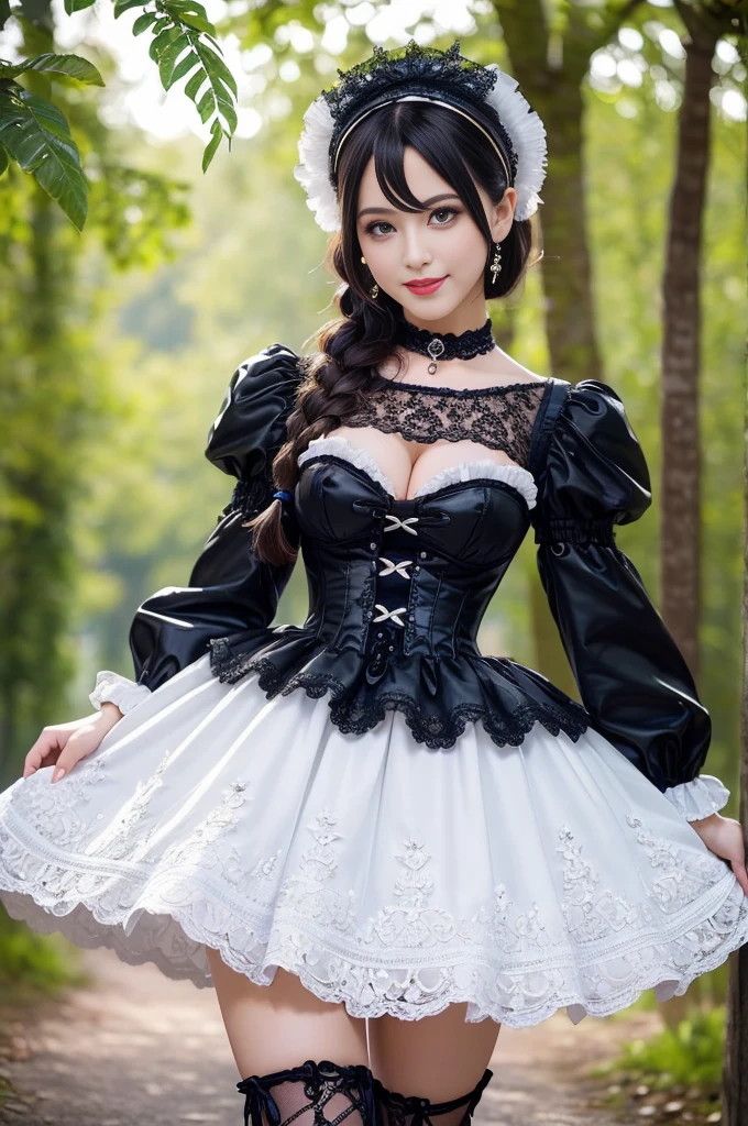 (nsfw), sexy stylish Swedish model, only 1 female, ((doll-like appearance)), long stylish hair, ultra detailed Victorian-Style boots, ((big smile)), ultra detailed eyes, vivid eye makeup, lipgloss, long lashes, defined eyebrows, ((sexy Paradise Kiss cosplay)), bell-shaped skirt, petticoats, high neckline, puffed sleeves, (( ultra detailed lace)), ((ultra detailed embroidery)), intricate details, Paradise Kiss accessoires and matching headpiece, choker, ((large sparkling Paradise Kiss jewelry)), cinematic light, detailed large park background with trees