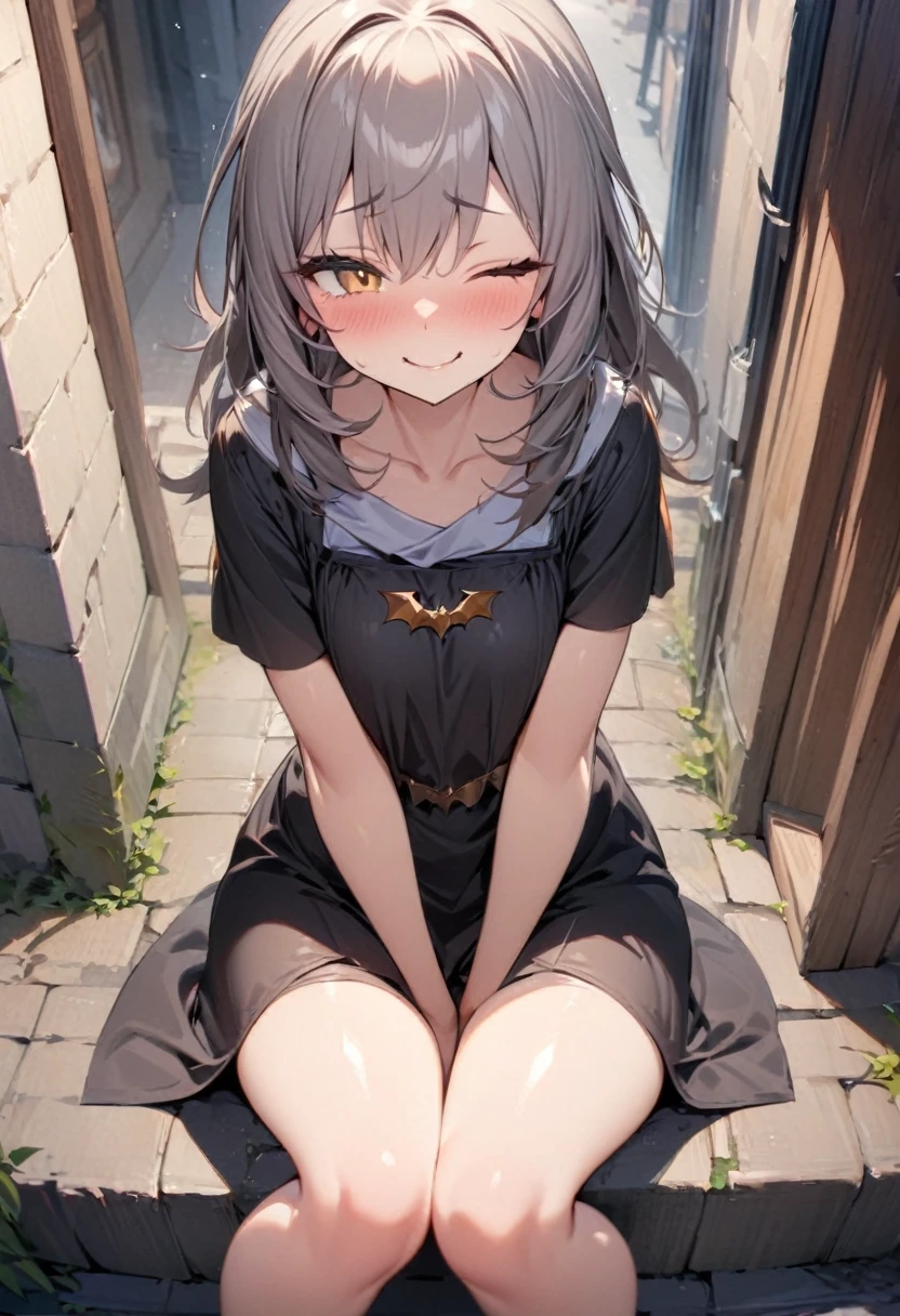 Absurd resolution, high resolution, (masterpiece:1.4), ultra-detailed, 1girl, wide-angle lens distortion, shy, sitting, sexual invite expression, in a street, thighs, hand between legs, have to pee, leg together, bat between legs, cute, one eye closed, smirking