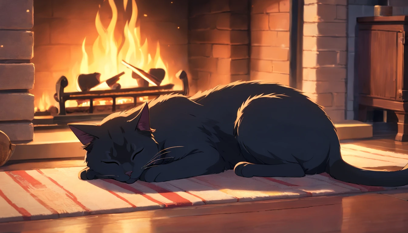 Cat sleeping in front of the fireplace, Black cat,(highest quality,4K,8k,High resolution,masterpiece:1.2),Super detailed,(Realist,photo Realist,photo Realist:1.37),Detailed eyes,Detailed lips
