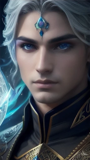 a young sorcerer Yaudi men detailed face, beautiful detailed eyes, beautiful detailed lips, extremely detailed face, long eyelashes, mystical, glowing eyes, magic aura, dramatic lighting, fantasy, cinematic, digital art, concept art, 8k, high resolution, photorealistic, intricate details, vibrant colors