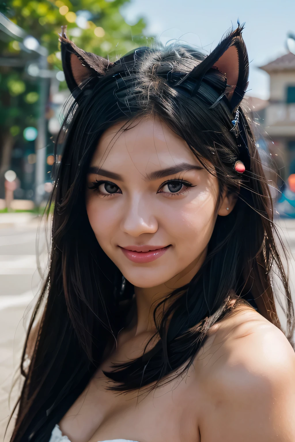 black hair, hair bobbles, wince, longeyelashes, solid circle eyes, fake animal ears, light smile, ear blush, fang, ccurate, streaked hair, hair spread out, aqua eyes, Surrealism, drop shadow, anaglyph, stereogram, tachi-e, pov, atmospheric perspective, depth of field, cinematic lighting, motion blur, Fujicolor, 8k, super detail, best quality, 1080P