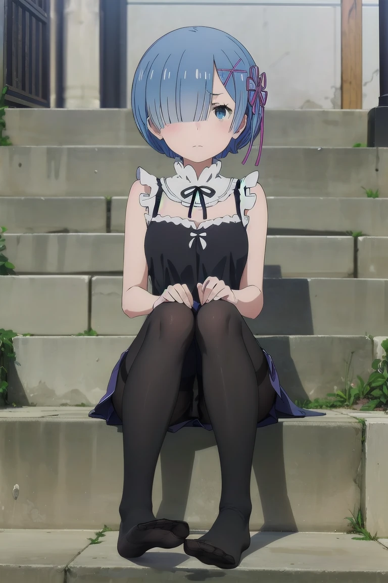 (((Pixel Perfect, Perfect details))), solitary, 1 girl, Rem,camisole,miniskirt,Black pantyhose,looking at the audience, frown,Disgusted face, Sitting on the steps,Those who don't wear shoes