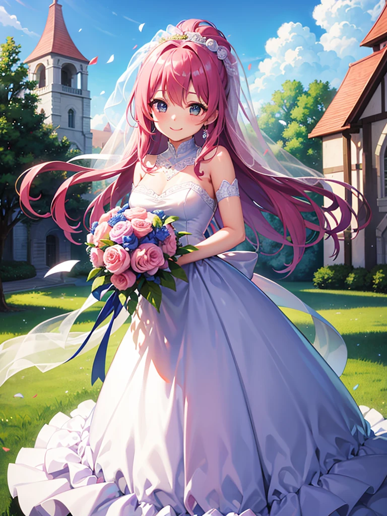 highest quality、Masterpiece、Wide blue sky、church、One girl、Pink Hair、Hair tied up、Veil on the head、Wedding dress、Holding a bouquet、Confetti、smile、Many guests、Standing pose