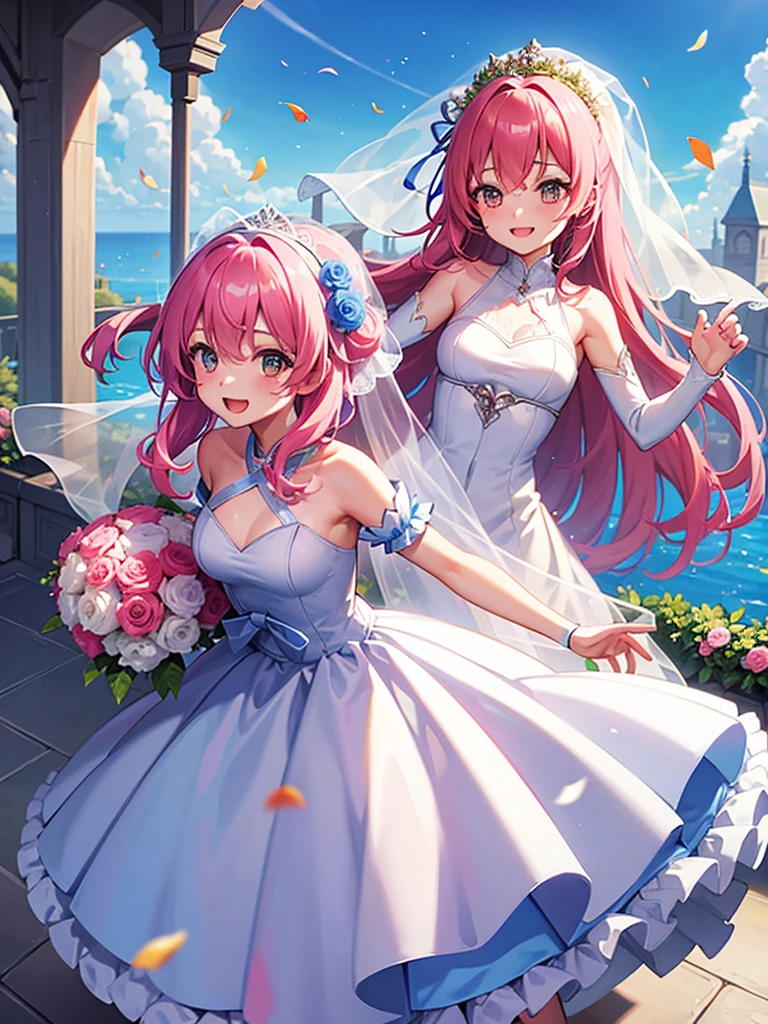 highest quality、Masterpiece、Wide blue sky、church、One girl、Pink Hair、Hair tied up、Veil on the head、Wedding dress、Holding a bouquet、Confetti、smile、Many guests、Standing pose