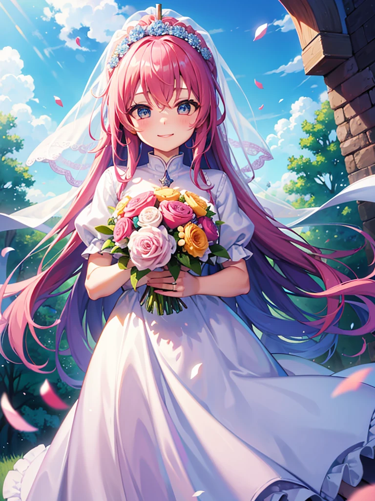 highest quality、Masterpiece、Wide blue sky、church、One girl、Pink Hair、Hair tied up、Veil on the head、Wedding dress、Holding a bouquet、Confetti、smile、Many guests、Standing pose