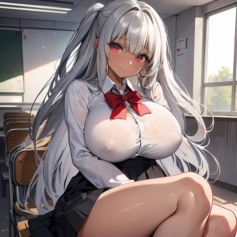 Expressive eyes, (((1 girl))), ((anime)), (Silver Hair), ((Red eyes)),(Half closed eyes), ((very )), ((Firm breasts)), ed thighs)),((No underwear)),((school uniform,See-through)),((Micro Mini Skirt)), ((Big Breasts,Butt))angs)), ((Pe with dark skin,Tanned dark skin)), ((Sit in the classroom)), Captivating smile, Princess Cut, Shiny Hair, (masterpiece), Anatomically Correct Art, Very detailed, Advanced Details, high quality, 最high quality, High resolution, 4K, 8k, (((Captivating smile))),