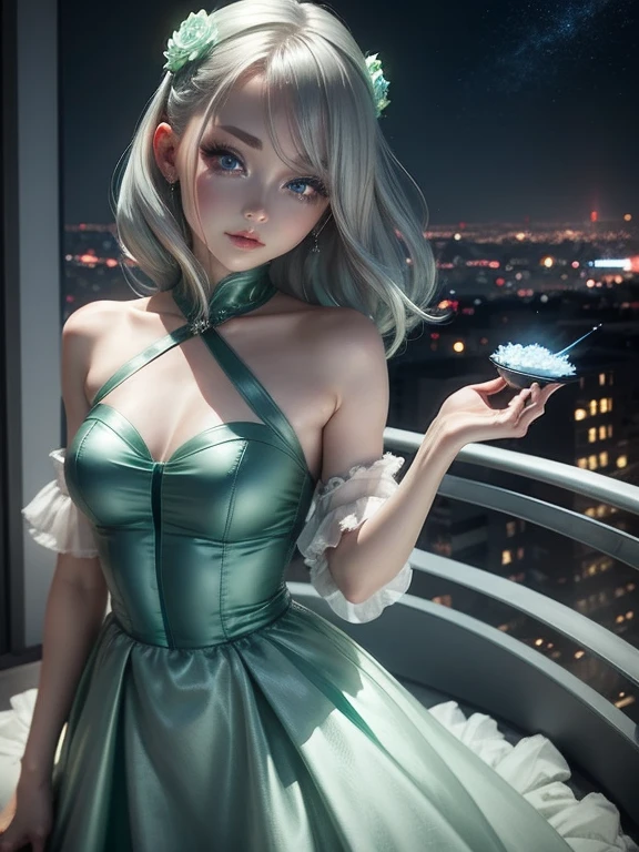 One Woman、Green Dress、Gray Hair、((blue eyes))、Captivating eyes、Night view