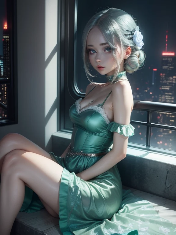 One Woman、Green Dress、Gray Hair、((blue eyes))、Captivating eyes、Night view