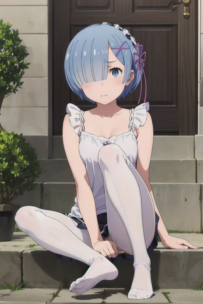 (((Pixel Perfect, Perfect details))), solitary, 1 girl, Rem,camisole,miniskirt,White pantyhose,looking at the audience, Disgusted face,frowned,Sitting on the steps,Those who don't wear shoes