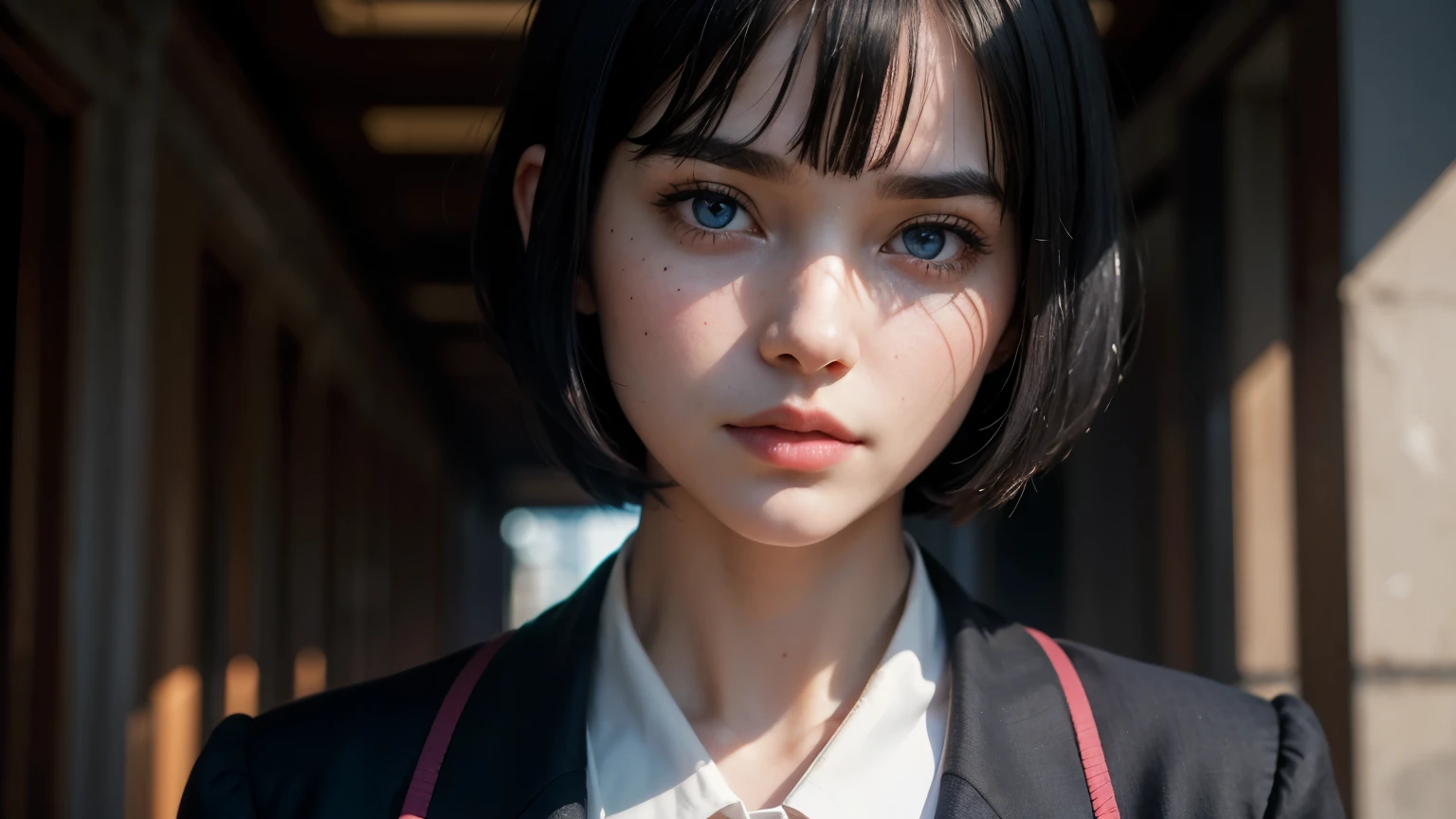 35mm film, solo, bob cut, makeup, blue eyes, small tits, (school uniform), blazer, looking at viewer, palace (((city))) upper body, epiCPhoto,focus on face, close to viewer, intricate lines, intriguing atmosphere, sharp magnificent details, delicate features, elaborate details, beautiful girl, black hair, (short hair) twenty year old woman, ((upper body)) (Acne), ((natural lighting))