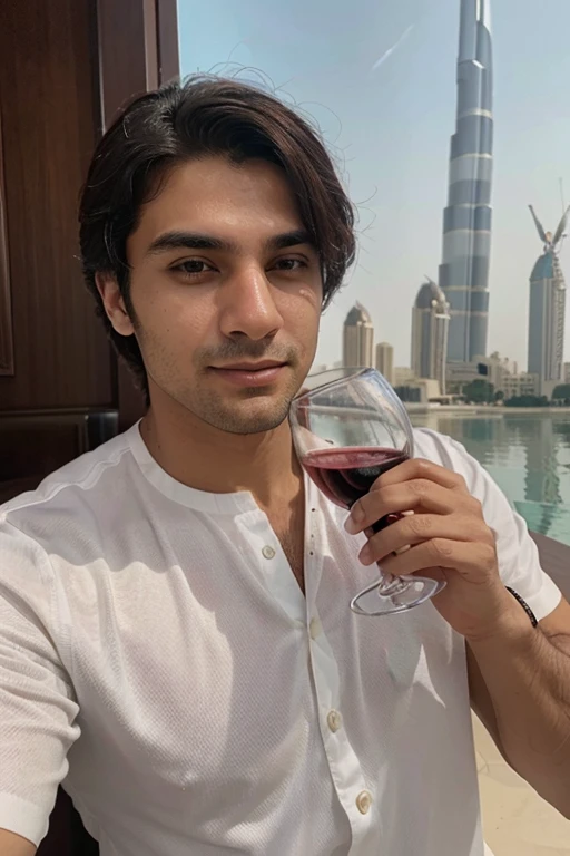 Um homen rico em dubai tomando vinho. Quero a foto para perfil do insta