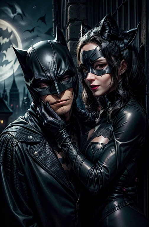 The character's Catwoman(black mask over her eyes) and the character Batman(perfect costume) in love, perfect costume, beautiful legs, traditional hairstyle, sadistic smile, traditional face makeup, bats in the shadows background buildings moonlight 