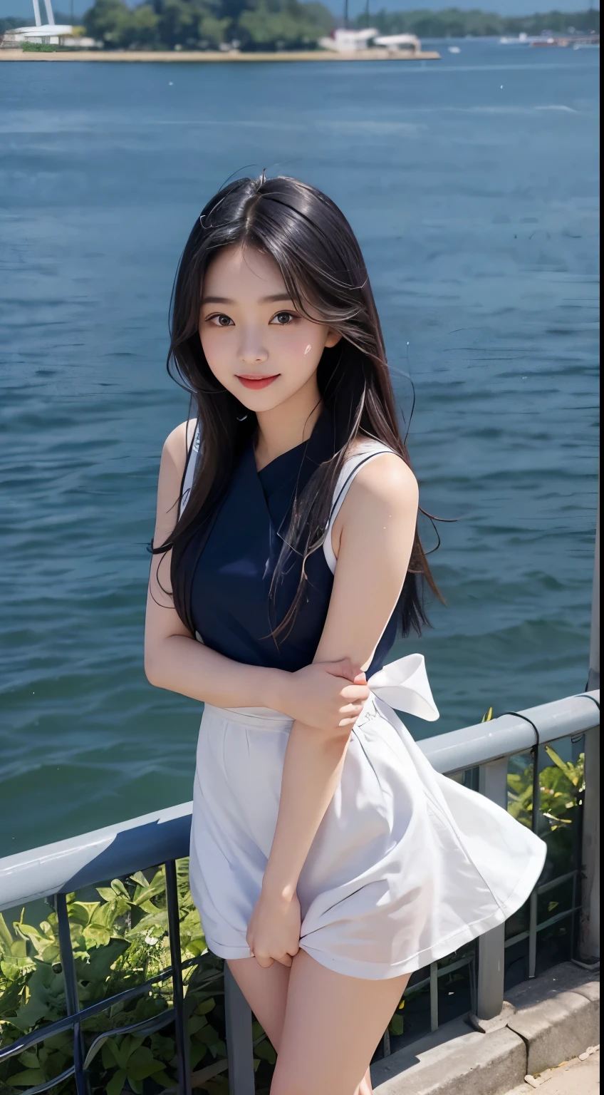 Woman standing by the lake、Beauty、Uniform eyes、20 years old、university student、(((She is wearing a long navy blue dress)))、(((Wearing white panties)))、Wearing pumps、Smiling、Hands in front、Well-balanced proportions、Medium build、Small Bust、Small face、Viewer&#39;s gaze: Looking at the whole body from the front、A strong wind is blowing、(((The wind blows up my skirt)))、black hair, bangs, long hair, messy hair, light smile, Surrealism, cinematic lighting, tachi-e, first-person view, pov, f/1.2, Nikon, UHD, best quality, highres, 8k