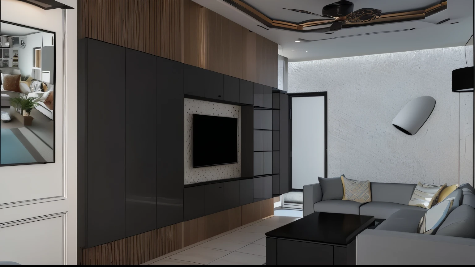 a rendering of a living room with a couch, television, and a fan, detailed rendering, interior living room, detailed renderings, 3 d rendering, 3d rendering, rendered in enscape, arnold rendering, conceptual rendering, detailed render, vue 3d render, enscape render, 3d final render, insanely detailed rendering, residential design, living room