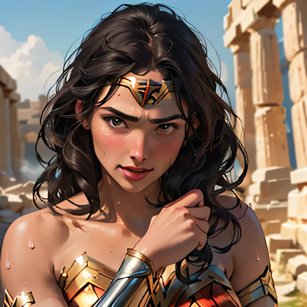 (masterpiece:1.3), (8k, Realistic, RAW Photos, highest quality: 1.4), ((One girl)), ((Gal Gadot, WONDER WOMAN)), Beautiful Face, (Realistic Face), Beautiful hairstyle, Realistic eyes, Beautiful fine details, (Realistic Skin), Beautiful Skin, Absurd, Charm, Ultra-high resolution, Ultra-realistic, Very detailed, Golden Ratio, (Best Shadow), Cinematic, (Complex:1.4), (Accurate hand and finger depiction), smile, Sweat, Flushing, Voluptuous body, NSFW ((Penis rubbing cheek)), ((1boy, 1penis:1.1)), BREAK ((Inside the ruins of a Greek temple)), (steam:1.2), cowboy shot