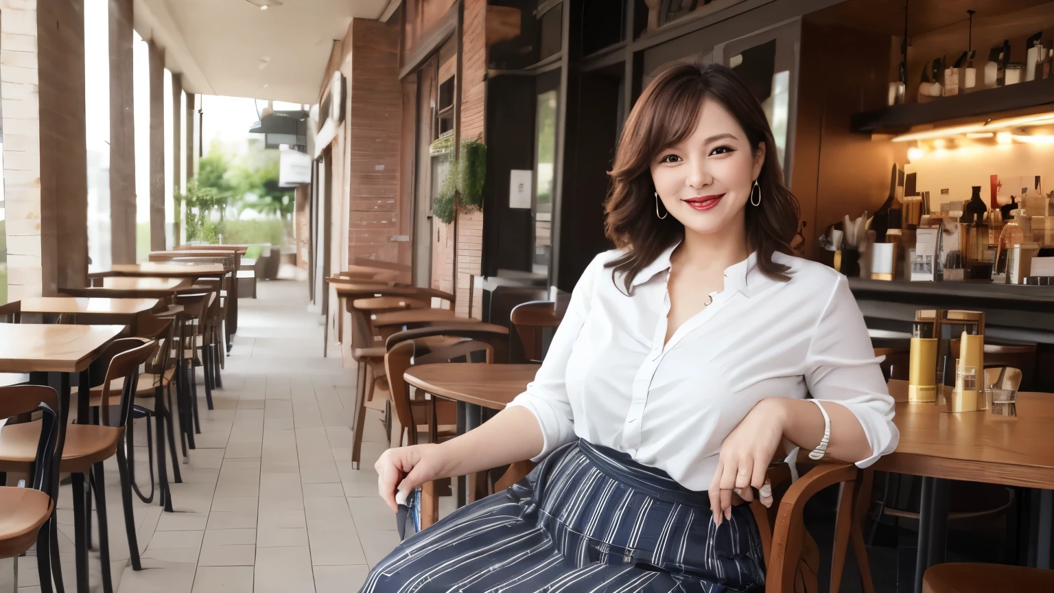 , highest quality, , Super detailed, In detail, High resolution, 8k wallpaper, Perfect dynamic composition, 1 beautiful plump mature woman, , Spring-like clothes, Long skirt, Wavy Hair, Large Breasts, Natural color lip, Random Pause,Toothy smile, , Stylish cafe, 55 year old mature woman