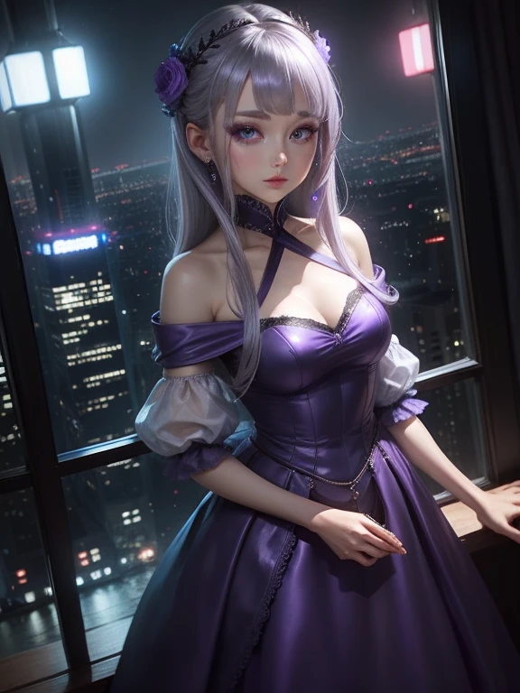 One Woman、Purple Dress、Gray Hair、blue eyes、Captivating eyes、Night view