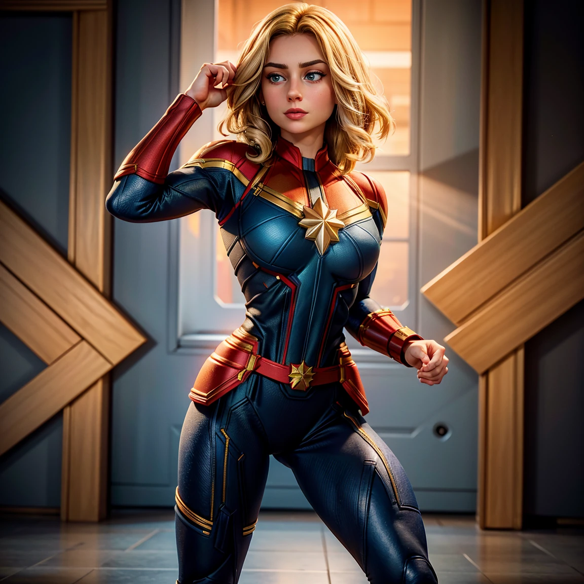 8K, Ultra HD, super details, high quality, high resolution. The Captain Marvel heroine looks beautiful in a full-length photo, her body is sculptural, her long straight blonde hair shines in perfect combination with her white skin, her bright blue eyes mesmerize everyone. The upper part of the uniform is blue, with red and gold details that create an interesting visual contrast, the lower part of the uniform is predominantly red, Captain Marvel's boots are red and gold, complementing the heroic look of the uniform. she looks very sexy, drawing attention to her big breasts and thick legs.