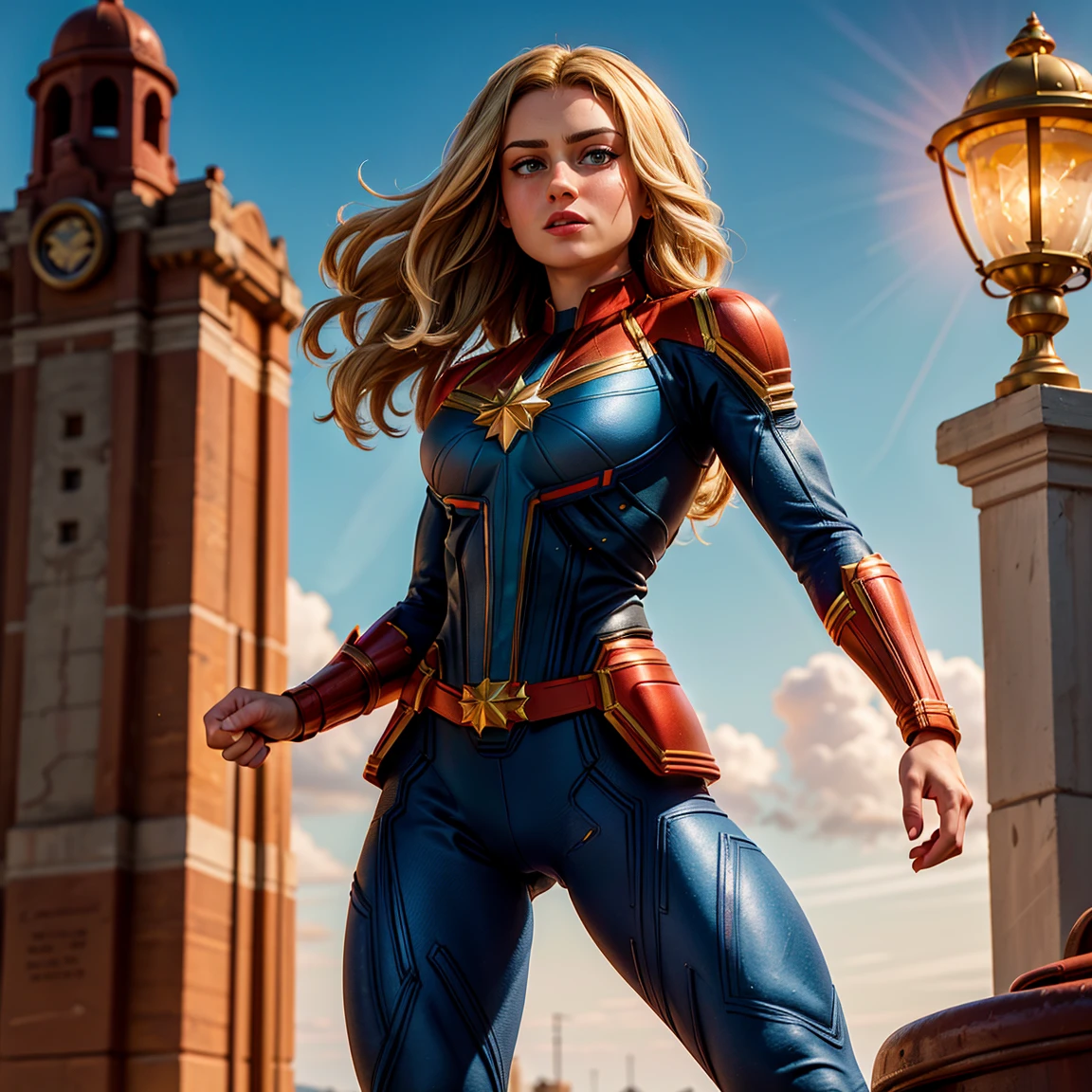 8K, Ultra HD, super details, high quality, high resolution. The Captain Marvel heroine looks beautiful in a full-length photo, her body is sculptural, her long straight blonde hair shines in perfect combination with her white skin, her bright blue eyes mesmerize everyone. The upper part of the uniform is blue, with red and gold details that create an interesting visual contrast, the lower part of the uniform is predominantly red, Captain Marvel's boots are red and gold, complementing the heroic look of the uniform. she looks very sexy, drawing attention to her big breasts and thick legs.