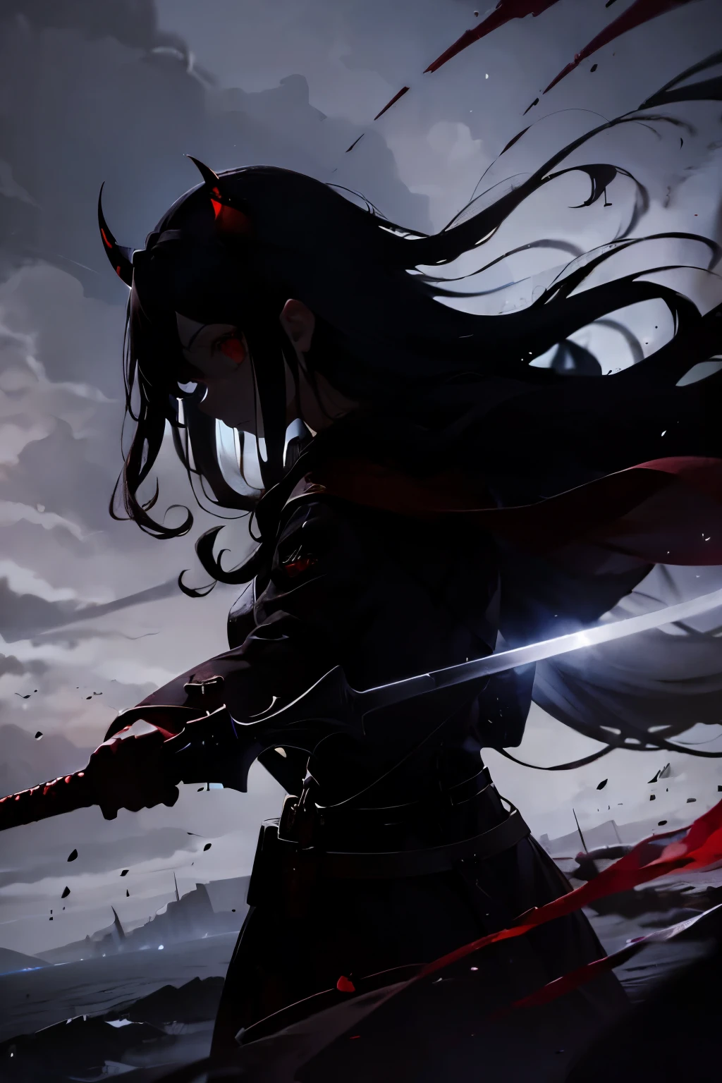 Red eyes, long curly black hair, horns growing from the side of the head, floating girl, dark red lightning, holding a sword, futuristic world 