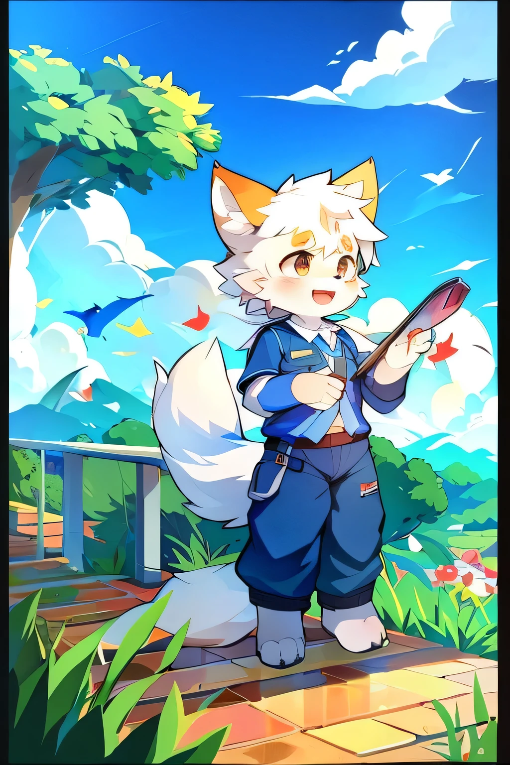 Blue fur, Canine, fox motif, boy, uniform,fly in the sky,Laughter,Expressway,