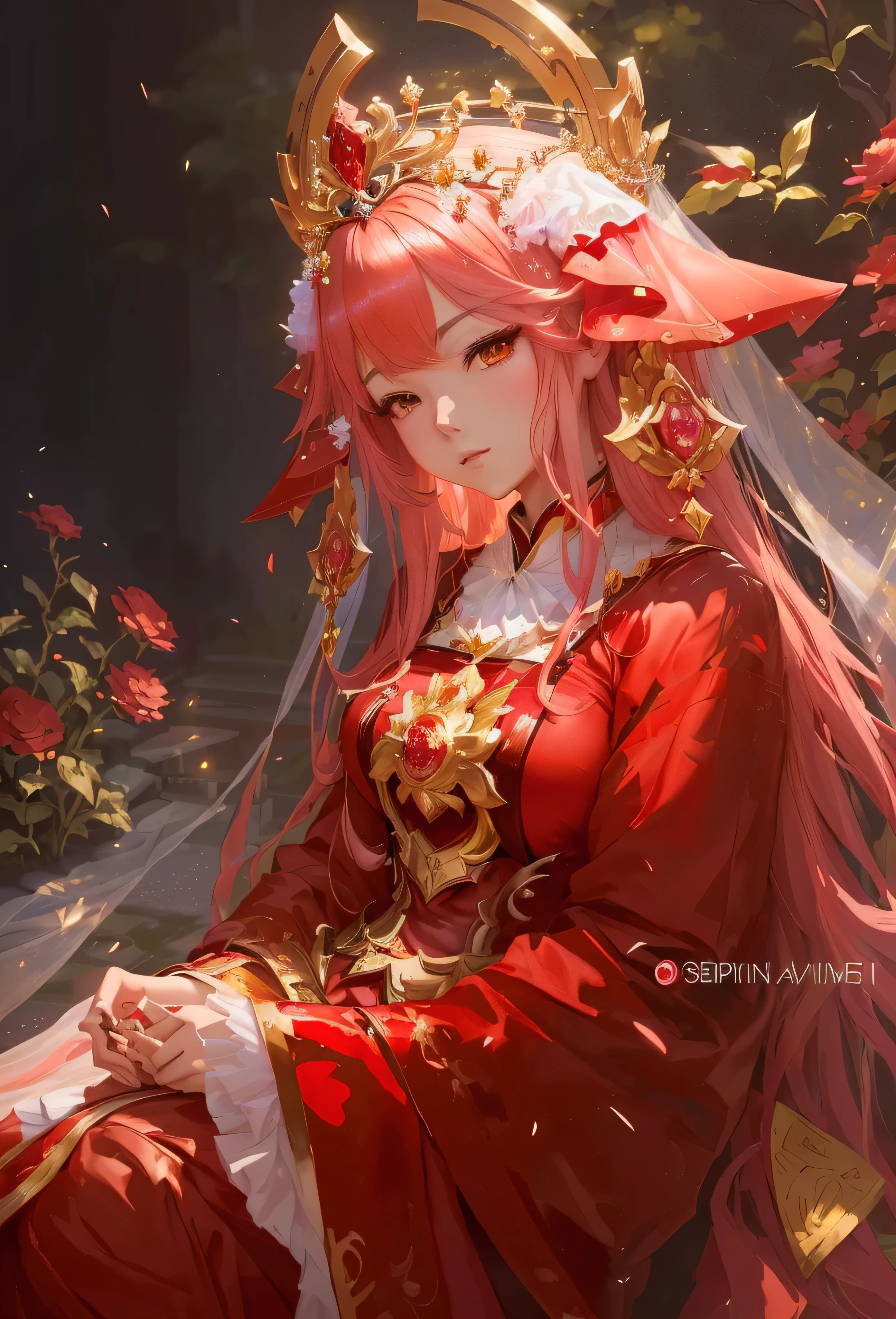 anime girl in red dress with gold crown sitting in a garden, keqing from genshin impact, ((a beautiful fantasy empress)), anime in fantasy style, trending on artstation pixiv, detailed digital anime art, rossdraws sakimimichan, anime goddess, clean detailed anime art, detailed anime character art, beautiful anime portrait, beautiful anime art style