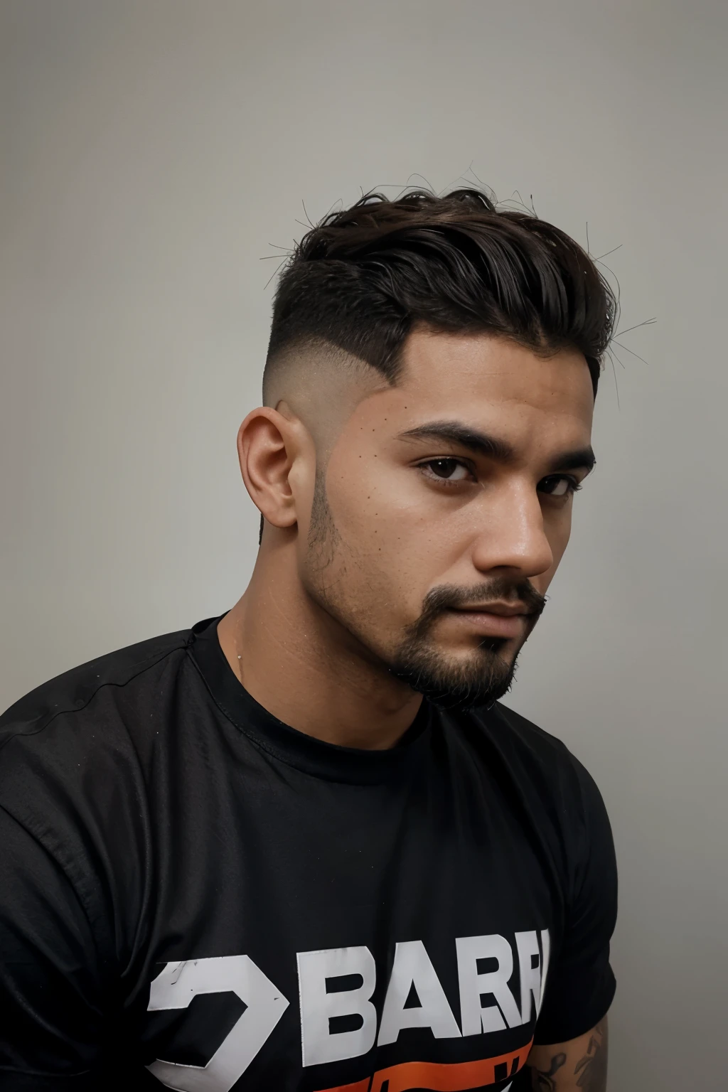 Crie um homem 35 anos latino americano, cabelo preto liso de lado, barbudo e gordinho cor de pele moreno, gradient haircut 