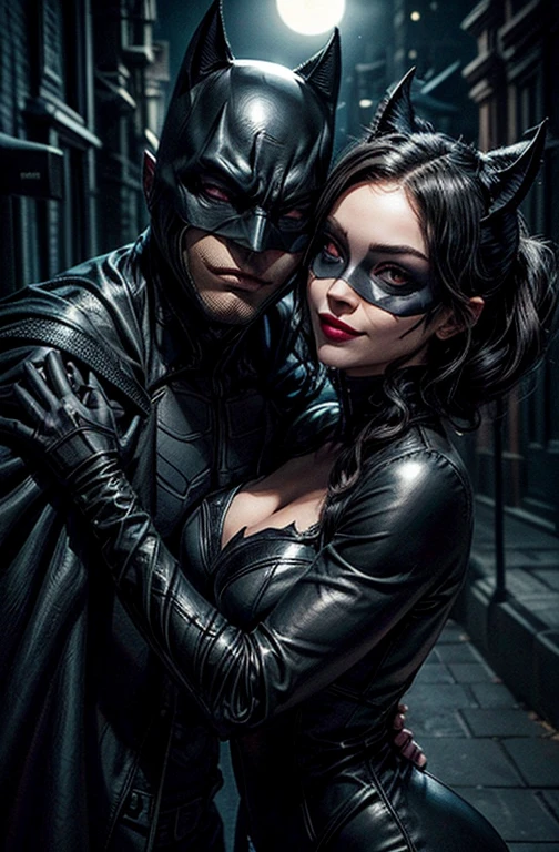 The character's Catwoman(black mask over her eyes) and the character Batman(perfect costume) in love, perfect costume, beautiful legs, traditional hairstyle, sadistic smile, traditional face makeup, bats in the shadows background buildings moonlight