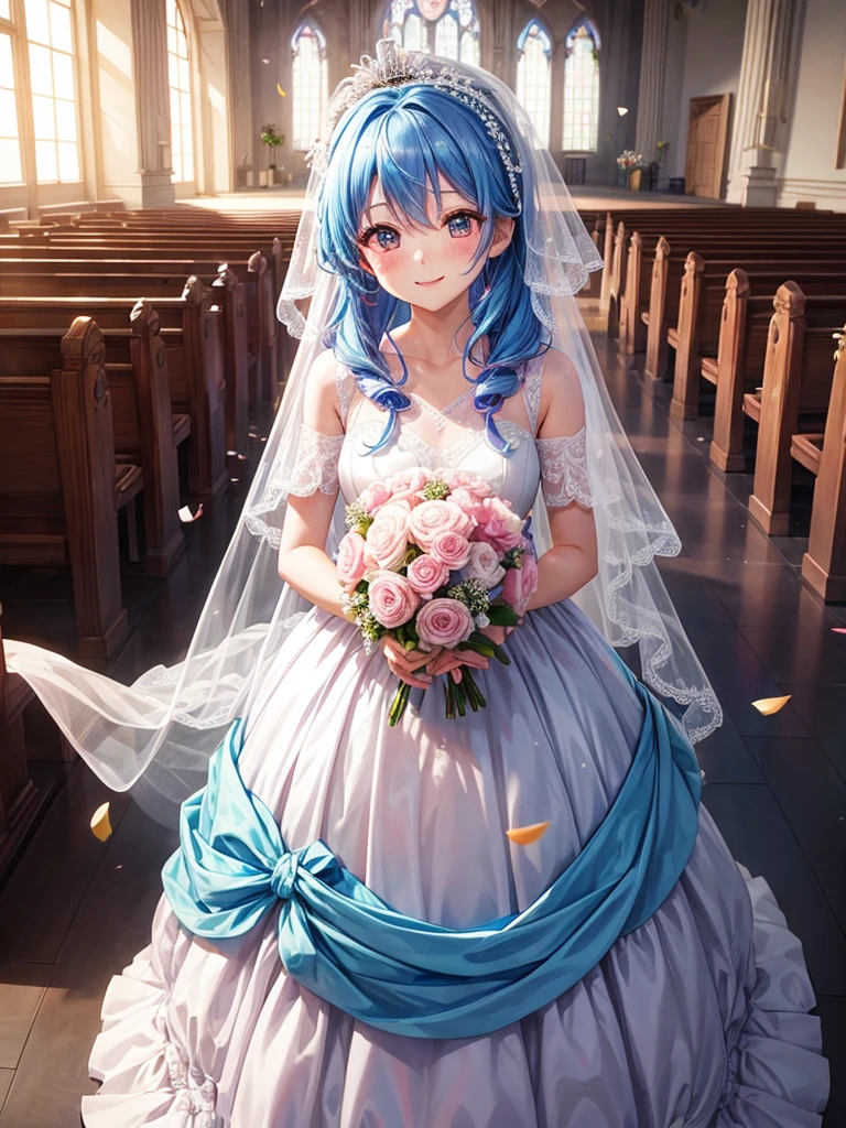 highest quality、Masterpiece、Wide blue sky、church、One girl、Pink Hair、Hair tied up、Veil on the head、Wedding dress、Holding a colorful bouquet、Confetti、smile、Many guests、Standing pose