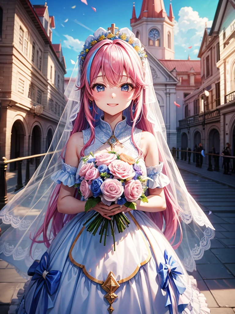 highest quality、Masterpiece、Wide blue sky、church、One girl、Pink Hair、Hair tied up、Veil on the head、Wedding dress、Holding a colorful bouquet、Confetti、smile、Many guests、Standing pose