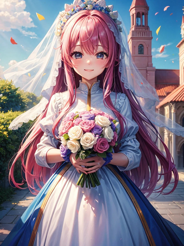 highest quality、Masterpiece、Wide blue sky、church、One girl、Pink Hair、Hair tied up、Veil on the head、Wedding dress、Holding a colorful bouquet、Confetti、smile、Many guests、Standing pose