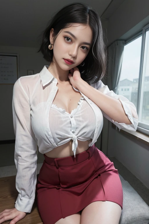 Korean ,Summer uniform shirt,Ribbon Ties,White chool Classroom,red skirt,school stairs,Chest thrust pose,(the breasts are large),8K raw photos,A high resolution,cool Korean at 16 years old,very large round breasts,beautiful eyes in detail,long eyelasher,beautiful double eyelid,eye shadows,eyes liner,Cut Eyes,Elongated eye shape,Sanpaku eyes,evilsmile,Evil expression, Beautiful very thin legs,Beautiful very thin thighs,Random short hair,Hair tied behind the head,large circle earrings,(Short messy hair),With gray eyes(with black curled hair)(Close-up),(Wrapped feeling)