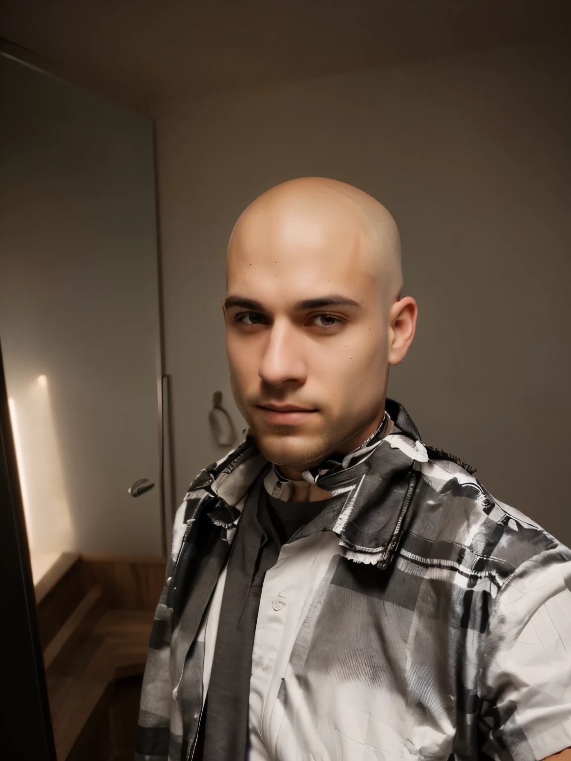 Arafed with a beard and a checkered shirt, in the white room . bald with a short beard, shaved head, without hair completely bald, Short haircut, Short haircut hair, with a small beard, shaved bald head, коричневая Short haircut, Shaved beard, without a beard, without hair, without a beard, shaved haircut, shaved hair, shaved stubble, portrait shot 8k