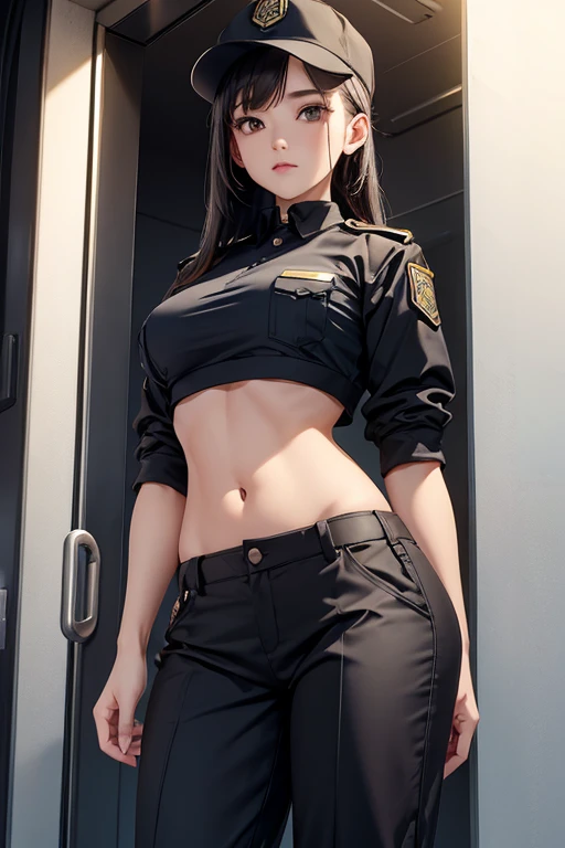 Girl in crop top security guard uniform, showing navel, pants 