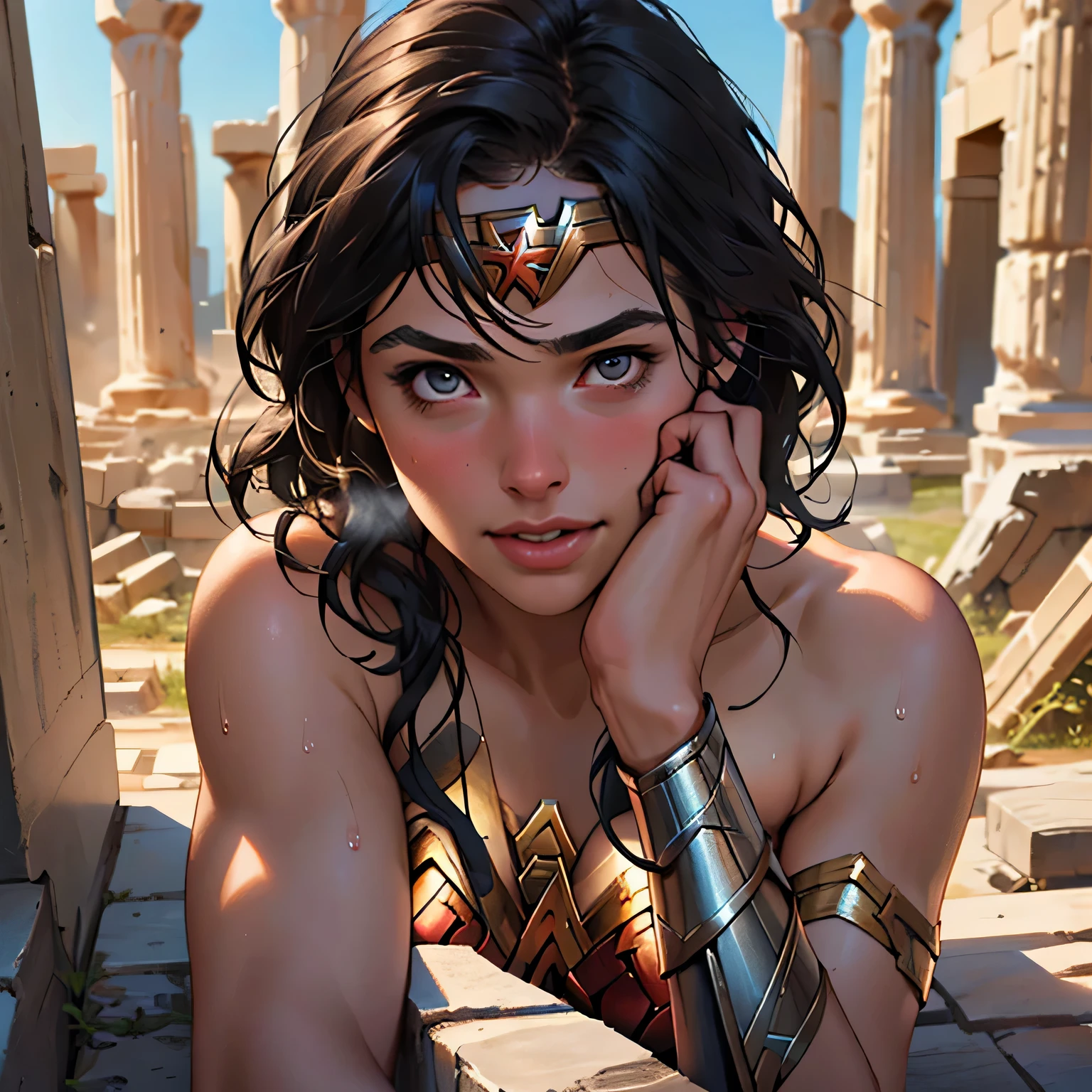 (masterpiece:1.3), (8k, Realistic, RAW Photos, highest quality: 1.4), ((One girl)), ((Gal Gadot, WONDER WOMAN)), Beautiful Face, (Realistic Face), Beautiful hairstyle, Realistic eyes, Beautiful fine details, (Realistic Skin), Beautiful Skin, Absurd, Charm, Ultra-high resolution, Ultra-realistic, Very detailed, Golden Ratio, (Best Shadow), Cinematic, (Complex:1.4), (Accurate hand and finger depiction), smile, Sweat, Flushing, Voluptuous body, NSFW ((Penis rubbing cheek)), ((1boy, 1penis:1.1)), BREAK ((Inside the ruins of a Greek temple)), (steam:1.2), cowboy shot