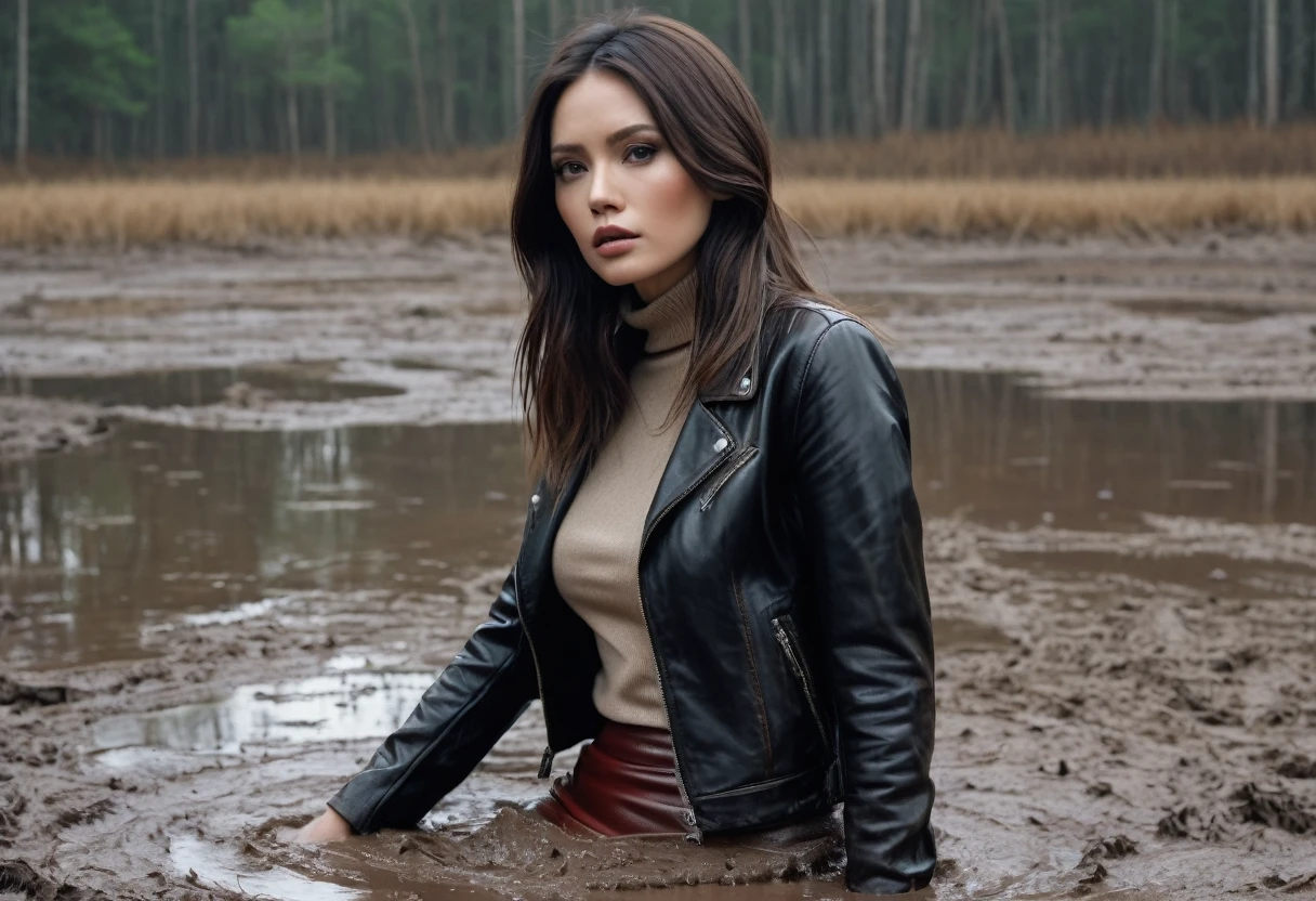8k, ultra-detailed, grainy film photo, masterpiece,muted colors, gloomy atmosphere:1.3, intensive dry-humping movements:1.4, brown turtleneck sweater, leather jacket, pencil skirt, looking towards,woman drowning in forest mud bog, long brunette hair, depraved, fetishistic makeup, asian:0.5,beige, brown, red,
