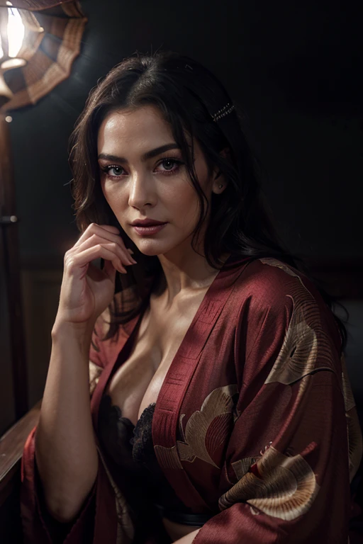 a milf wearing a red kimono, black lingerie, beautiful detailed eyes,beautiful detailed lips,extremely detailed eyes and face,longeyelashes,mature woman,sensual pose,full body shooting,seductive,high quality,photorealistic,dramatic lighting,cinematic,vivid colors,chiaroscuro,moody atmosphere,dark and light contrast,dramatic shadows