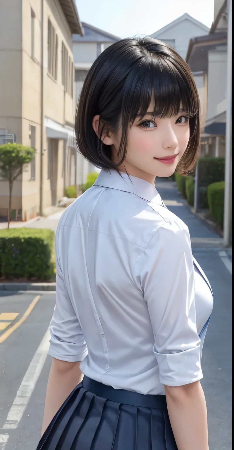 (masterpiece:1.3), (Realistic, RAW Photos, highest quality: 1.4), (One Girl), Beautiful Face, (超Realistic Face、シンメトリーのBeautiful Face), (Short black hair, short hair:1.6、bangs:1.3、Show off your beautiful ears), Beautiful Hairstyles, (Realistic eyes), Beautiful details, Long eyelashes, (Realistic Skin), Beautiful Skin, [Big Breasts:1.3], {Huge|big|Hugeな|Mega} chest, (Perfect body:1.3), (Detailed body:1.2), (tie), (Collared shirt, Pleated skirt:1.3), Absurd, charm, Ultra-high resolution, Ultra-realistic, Very detailed, Golden Ratio,Very cute beautiful woman、28 years old、Beautiful angle from behind、Background in front of the school building、smile、shut up.
