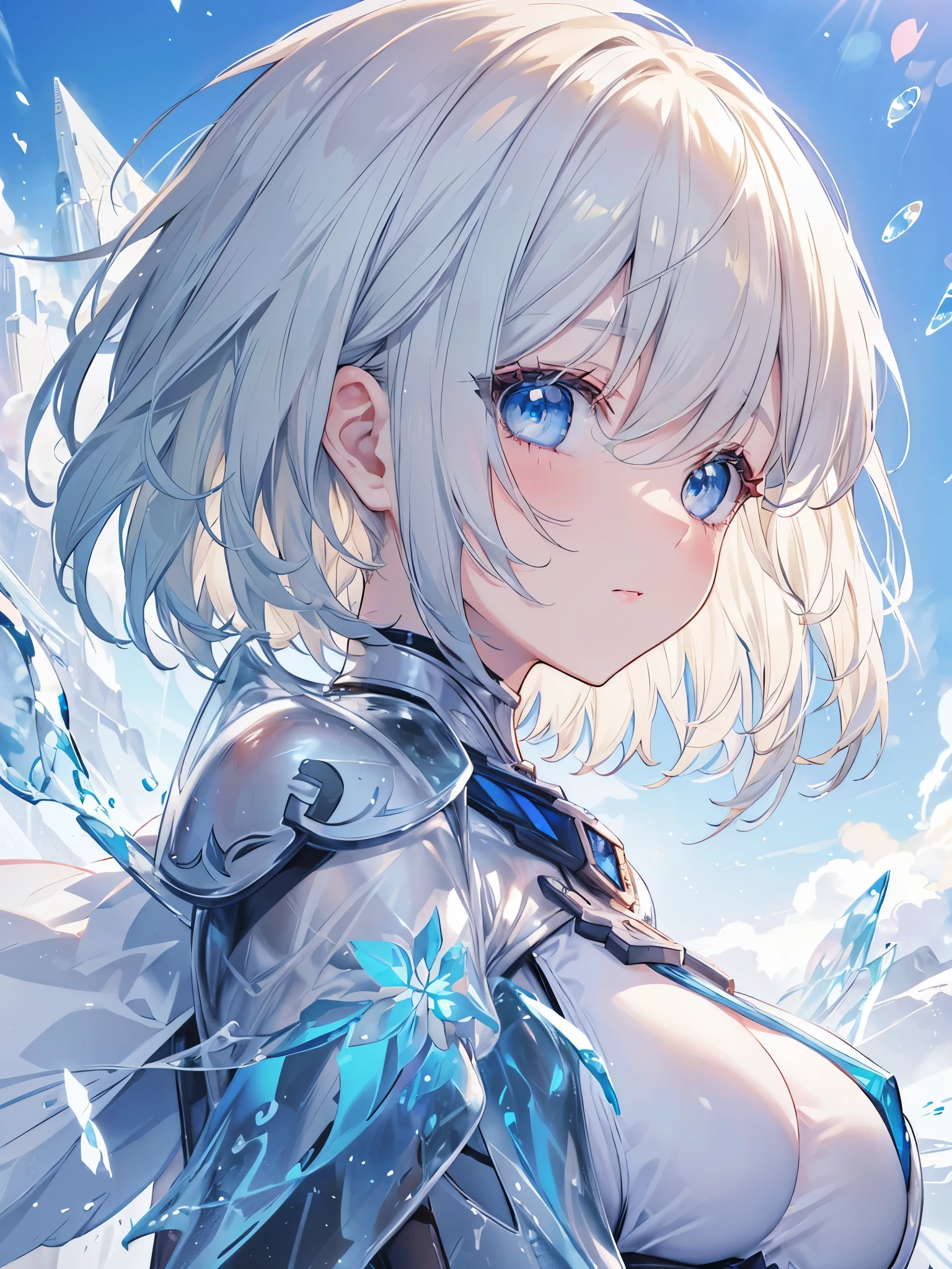 A girl in revealing ice armor poses cutely in the center(Sketches),(Small body), Golden Hair, (Short Bob Hair:1.4), (Blue eyes) (eyelash:1.3),(White background:1.2), View ViewerHigh Resolution, nature(Large Breasts:1.3)
