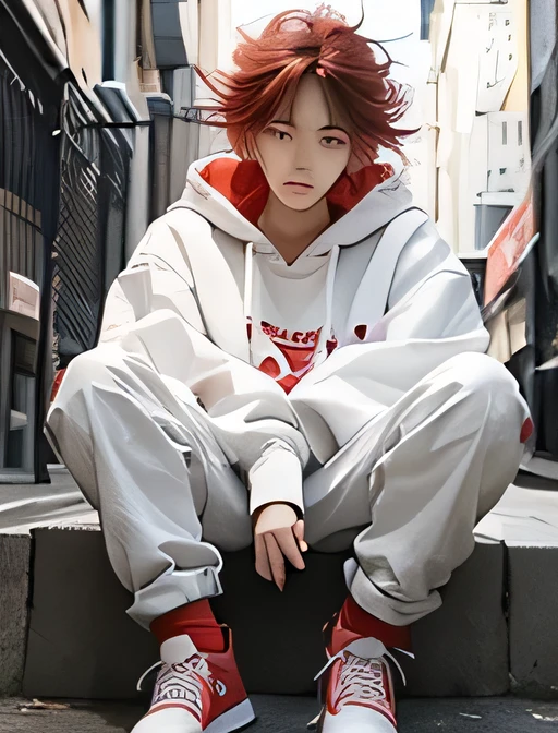 1 male、male、White skin、Red Hair、Messy Hair、Hoodie with hood、Street Fashion、Thick-soled sneakers、From below