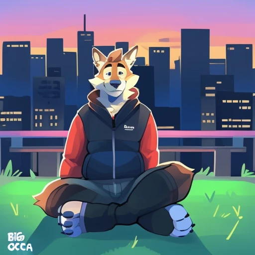 a handsome young chubby hairy bear 25 year old gay furry, by bigcozyorca, Wendell, sitting outside with a cityscape in the background in a park Outdoors all by himself