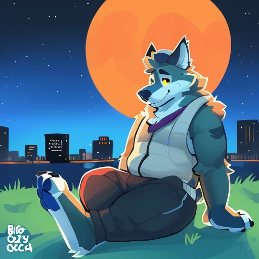 a handsome young chubby hairy bear 25 year old gay furry, by bigcozyorca, Wendell, sitting outside with a cityscape in the background in a park Outdoors all by himself