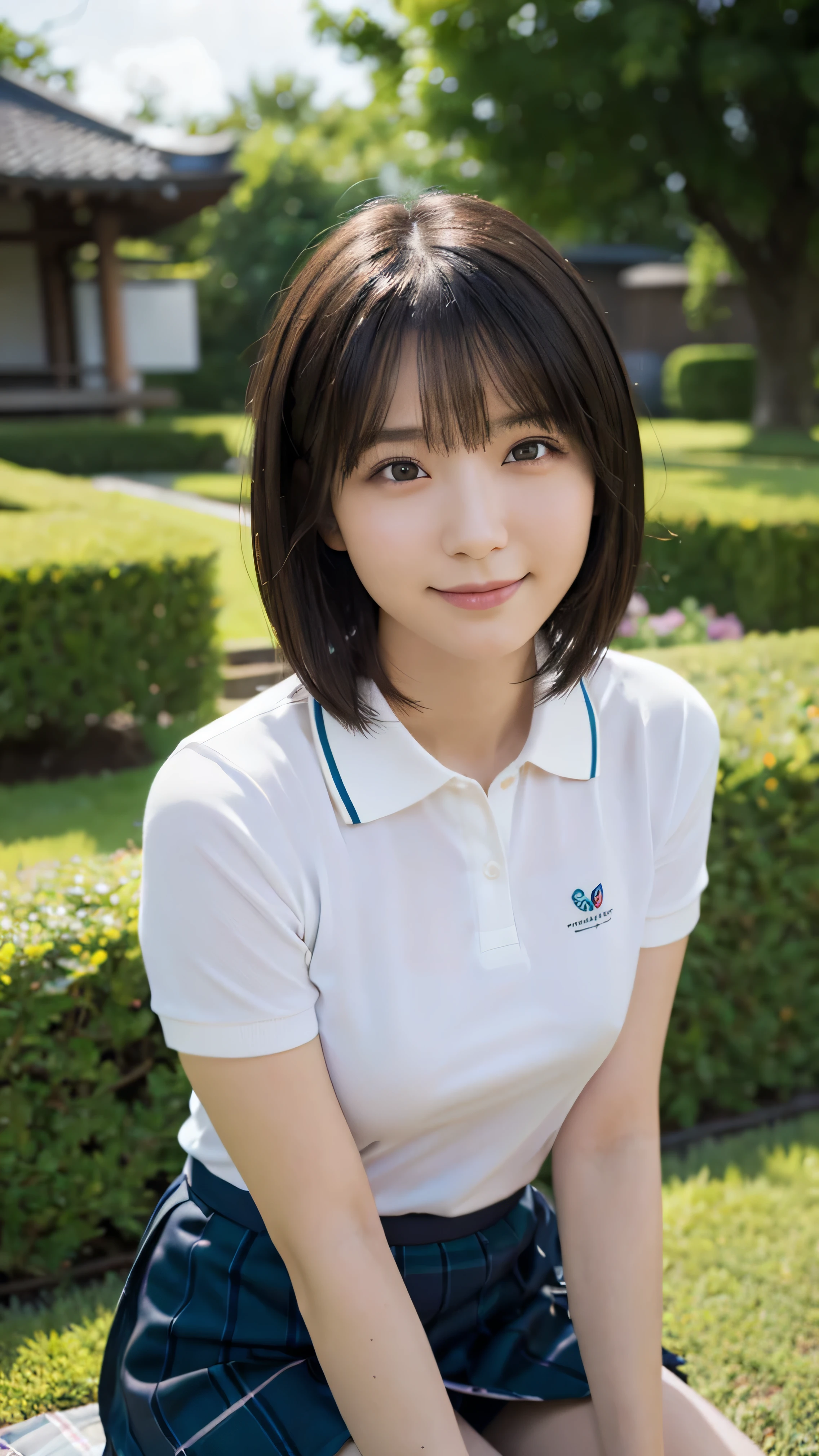 (highest quality,masterpiece:1.3,Ultra-high resolution),(Very detailed,Caustics,8k), (Realistic:1.4, RAW shooting),garden,Grass,sit,Japanese,20-year-old,cute,(smile),Looking into the camera,Short black hair,Polo shirt,mini skirt,High Angle,High Position,Face Focus,Face close-up,Natural light
