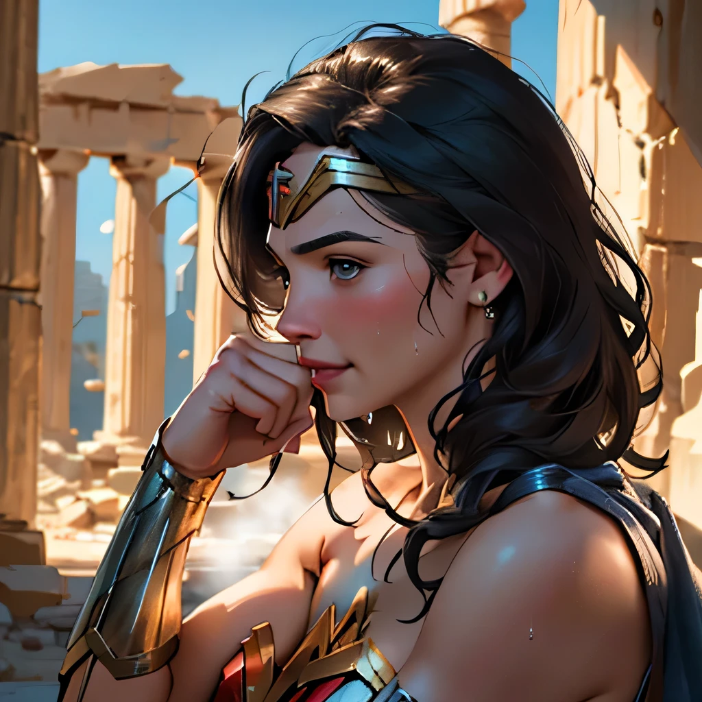 (masterpiece:1.3), (8k, Realistic, RAW Photos, highest quality: 1.4), ((One girl)), ((Gal Gadot, WONDER WOMAN)), Beautiful Face, (Realistic Face), Beautiful hairstyle, Realistic eyes, Beautiful fine details, (Realistic Skin), Beautiful Skin, Absurd, Charm, Ultra-high resolution, Ultra-realistic, Very detailed, Golden Ratio, (Best Shadow), Cinematic, (Complex:1.4), (Accurate hand and finger depiction), smile, Sweat, Flushing, Voluptuous body, NSFW ((Penis rubbing cheek)), ((1boy, 1penis:1.1)), BREAK ((Inside the ruins of a Greek temple)), (steam:1.2), cowboy shot, Side view