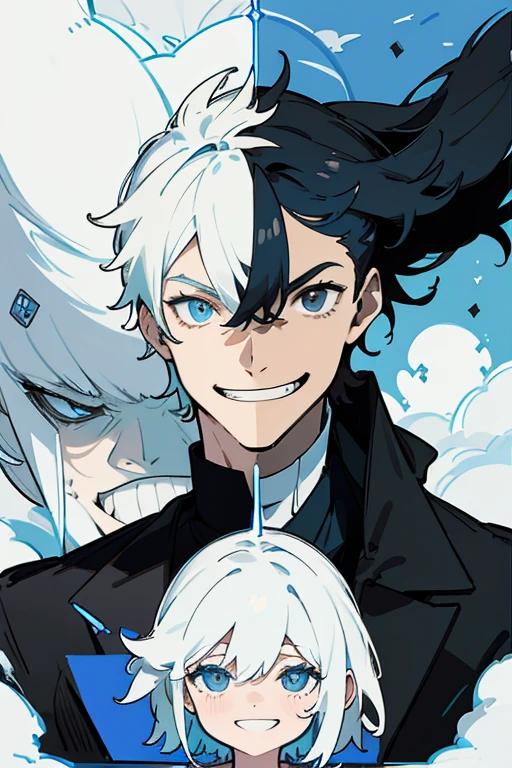A young man in a black and white , smiling. The left half of his face has a happy smile, and the right half has an evil grin. The background is split in two: the left side shows a bright blue sky with white clouds, and the right side is dark and shadowy.