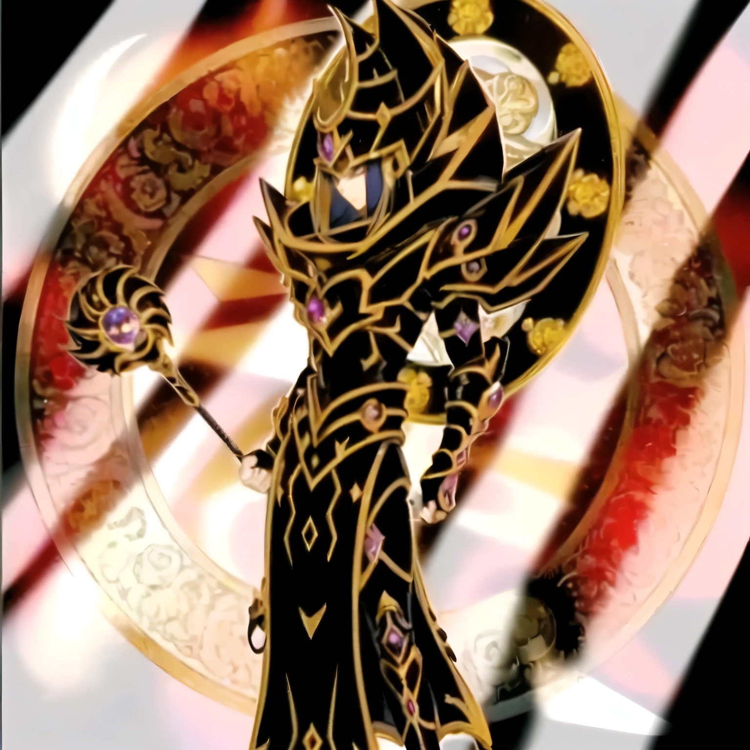 ((best quality)), ((masterpiece)), (detailed), perfect face, un primer plano de un reloj dorado y negro con una mujer sosteniendo una varita, Hermoso male god of death, el dios emperador de la humanidad, el dios del caos, mago oscuro, segador de la noche!!!!, rey del tiempo segador, estilo yugioh, yugioh art style, galactic deity, yugioh, la galaxia marinera. Hermoso, obra de arte de yugioh