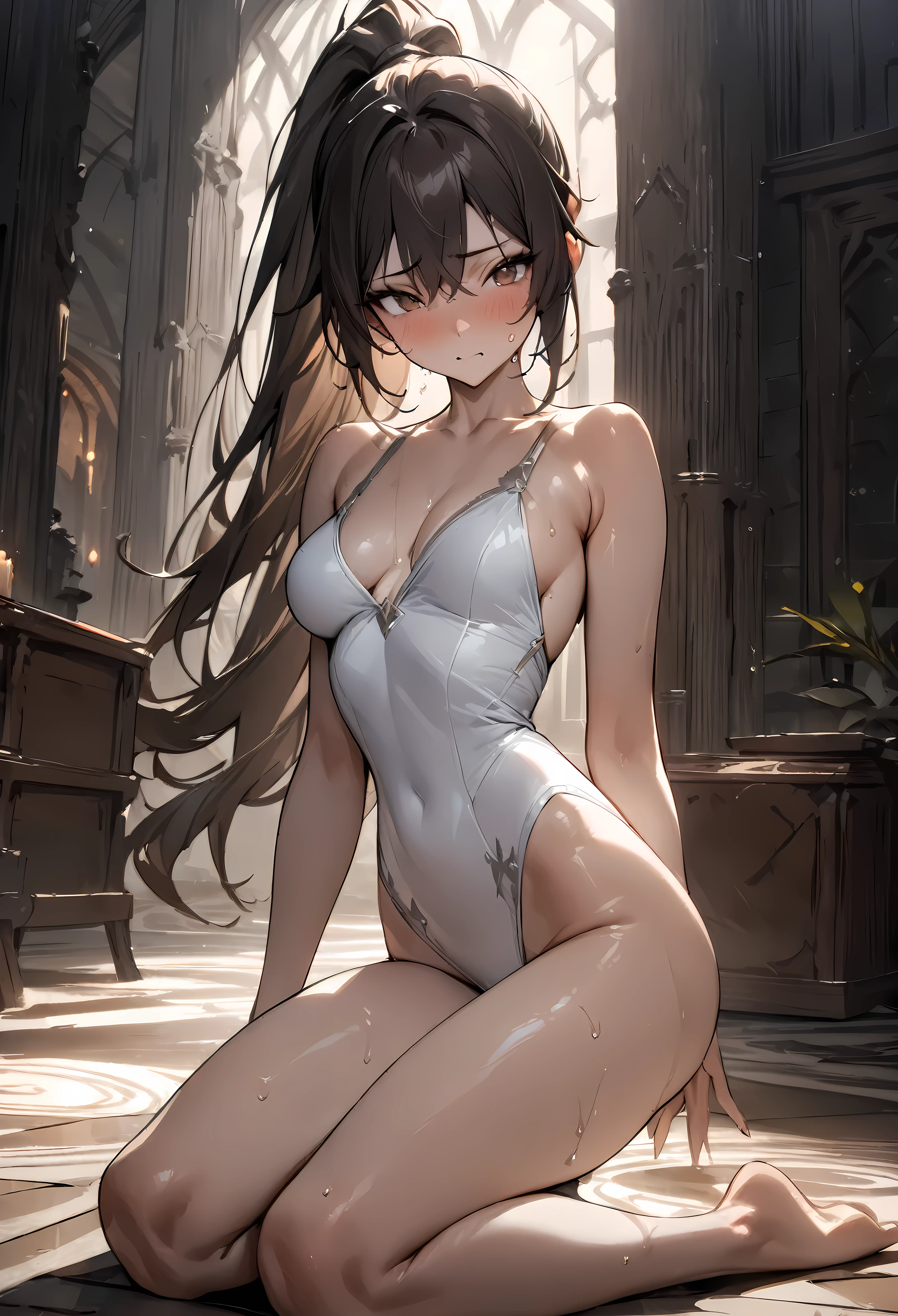 Fantasy art,(((masterpiece, highest quality:1.5))),cowboy shot,20 year old beauty,solo,((very small head)),dark brown hair,ponytail hairstyle,long hair,bangs,brown eyes,Anxious expression,medium breasts,(very long body,slender body),skinny,gleaming skin,oily skin,sweat,White leotard swimsuit、A circular magic circle at your feet、A large magic circle emitting pale light、kneeling,floor、Dimly lit room,Inside the school building、Harry Potter World、