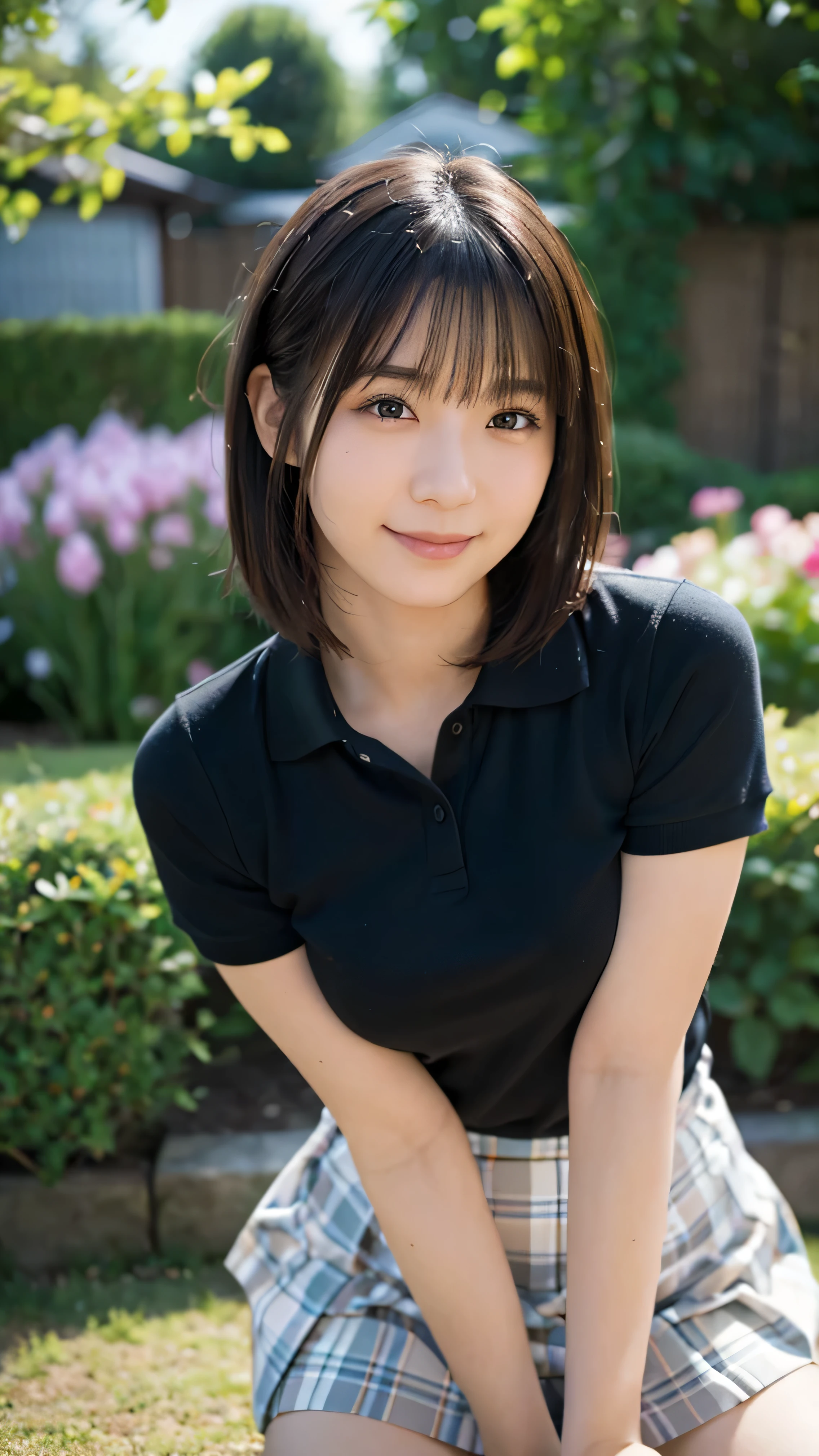 (highest quality,masterpiece:1.3,Ultra-high resolution),(Very detailed,Caustics,8k), (Realistic:1.4, RAW shooting),garden,Grass,sit,Japanese,20-year-old,cute,(smile),Looking into the camera,Short black hair,Polo shirt,mini skirt,High Angle,High Position,Face Focus,Face close-up,Natural light