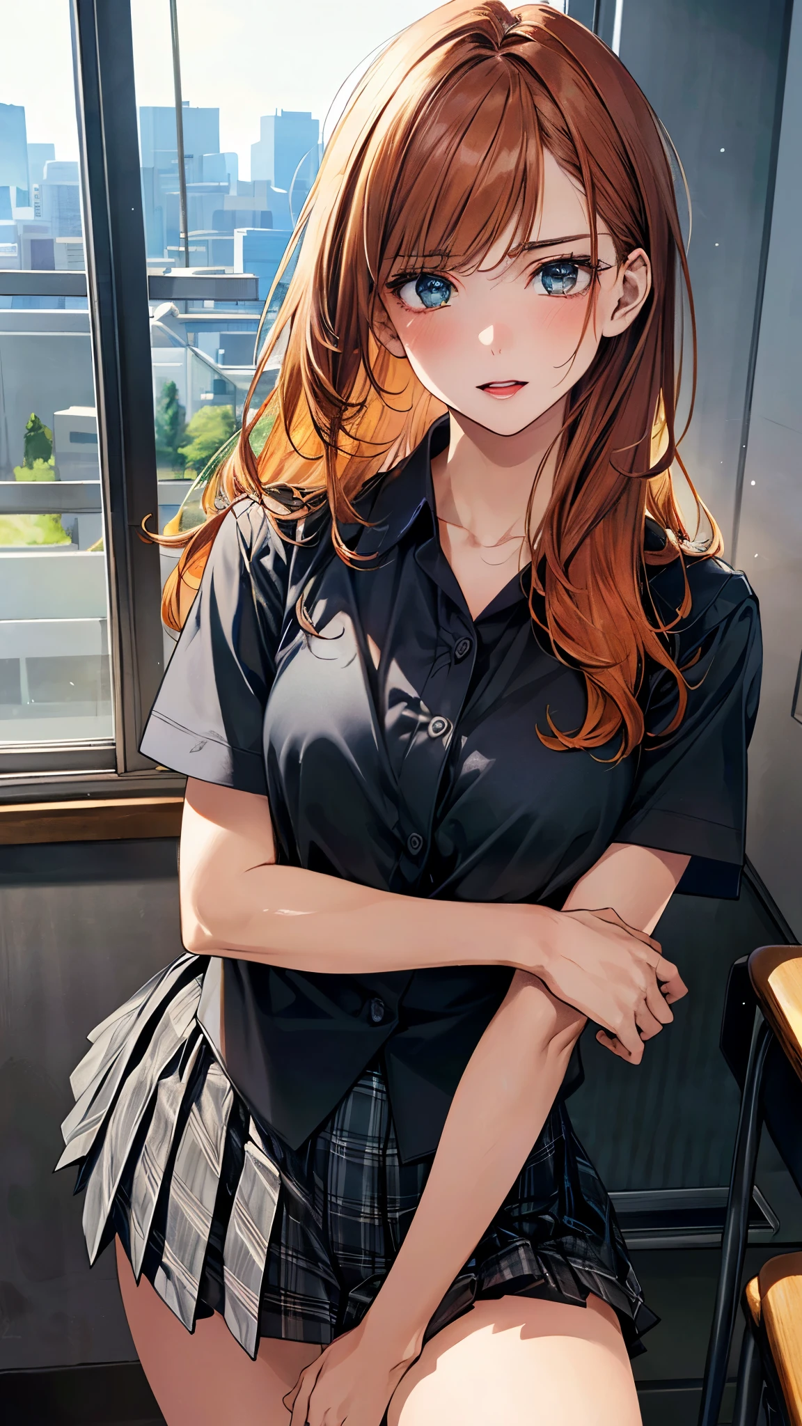 (masterpiece:1.3, top-quality, ultra high res, ultra detailed), (realistic, photorealistic:1.4), beautiful illustration, perfect lighting, natural lighting, colorful, depth of fields, ,
beautiful detailed hair, beautiful detailed face, beautiful detailed eyes, beautiful clavicle, beautiful body, beautiful chest, beautiful thigh, beautiful legs, beautiful fingers, shiny skin,
looking at viewer, (face focus, from below), 1 girl, japanese, office worker, reception, (perfect anatomy, anatomically correct, super detailed skin), cute and symmetrical face, babyface,
(long hair, (one side up), straight hair, persimmon orange hair), swept bangs, deep blue eyes, long eyelashes, (large breasts, seductive thighs), perfect face, perfect eyes, outstanding style, ,
(detailed cloth texture, black collared shirts, grey plaid pleated skirt) deep green tie,
(beautiful scenery), afternoon, (school classroom:1.2), cityscape of windows, (standing, crossed arms), (frown, open mouth small),